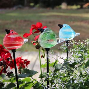 Assortment of three Glass Chook Stakes – 18″ Excessive in Blue, Inexperienced, and Purple